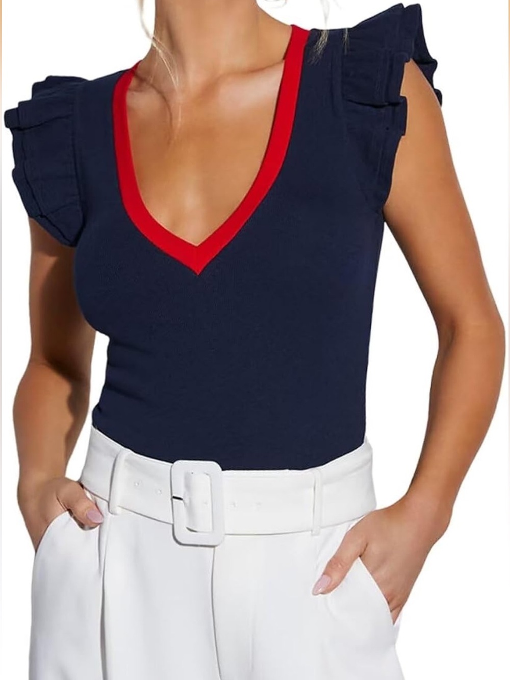 New Navy & Red V-Neck Ruffle Sleeve Fitted Summer Top (M)